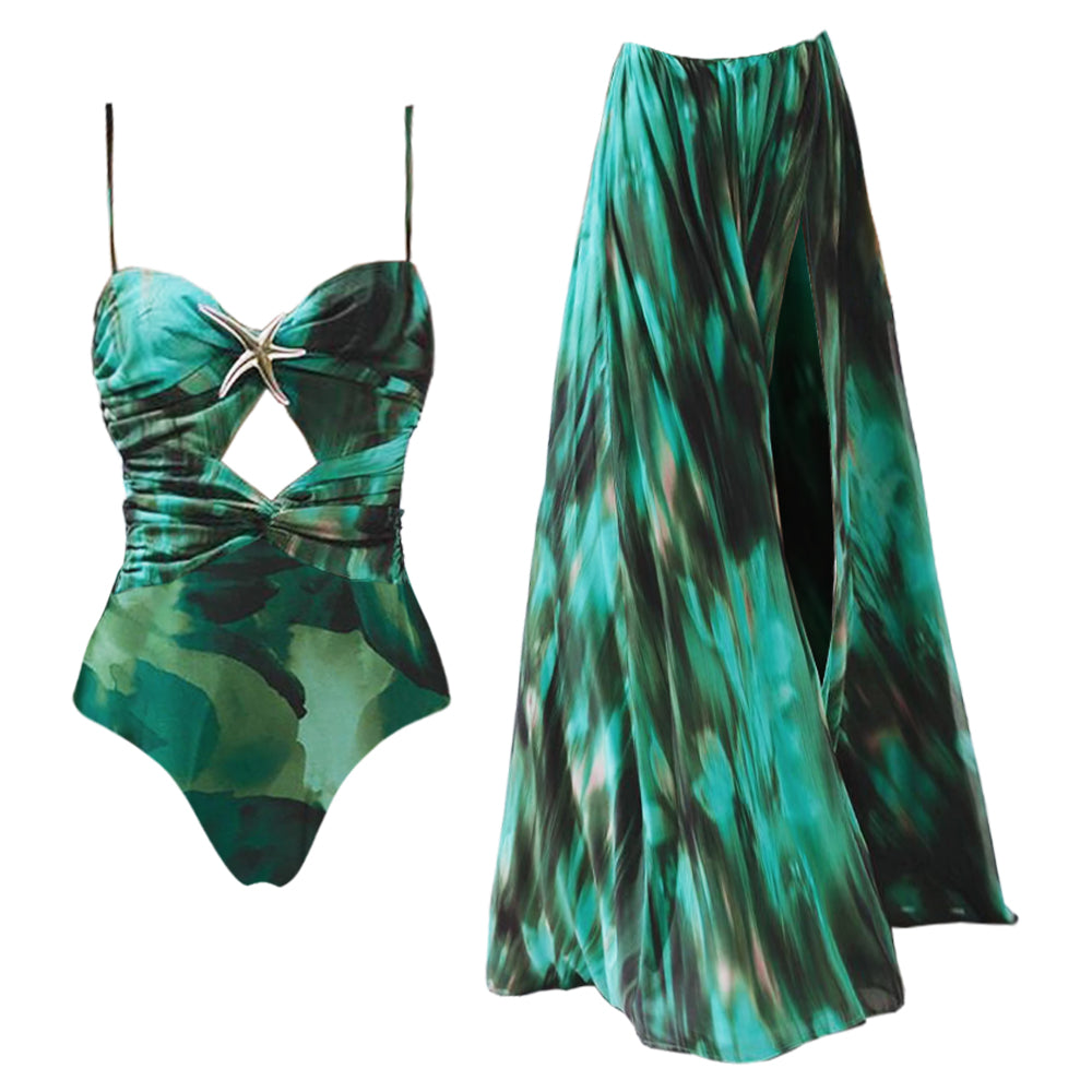 Green Starfish Ruched One Piece Swimsuit and Skirt-thevervian