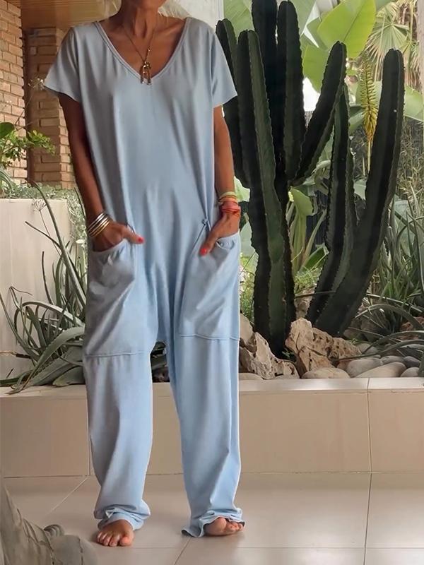 Casual V-neck Solid Color Jumpsuit-thevervian