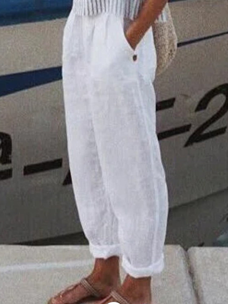 Cotton Linen Solid Color Casual Pants-thevervian