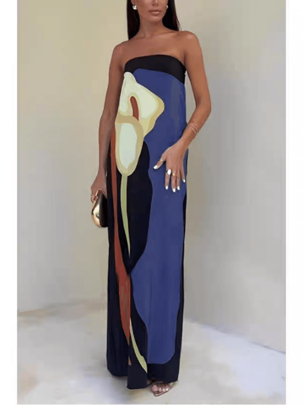 Strapless Color Block Printed Maxi Party Dress-thevervian