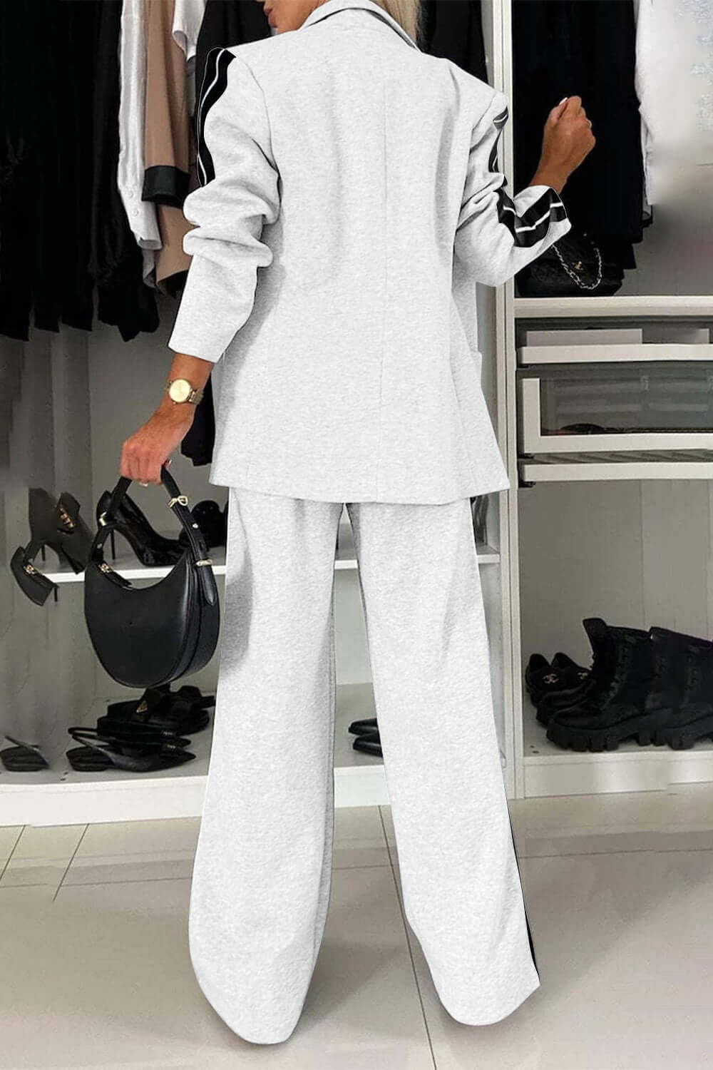 Contrast Lapel Collar Top and Pants Set-thevervian