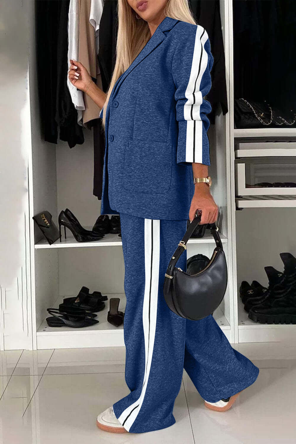 Contrast Lapel Collar Top and Pants Set-thevervian