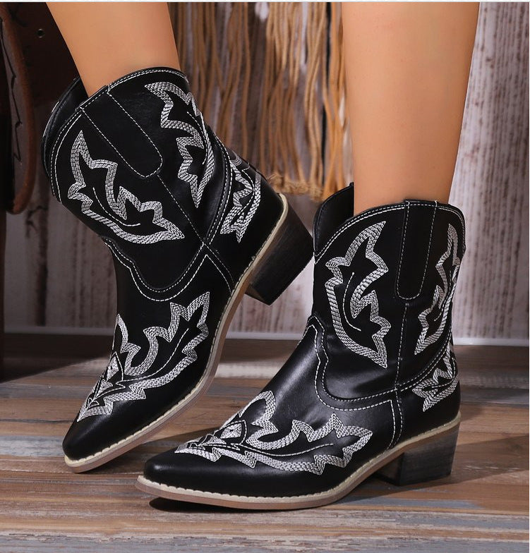 Vintage Embroidered Block Heel Short Western Boots-thevervian