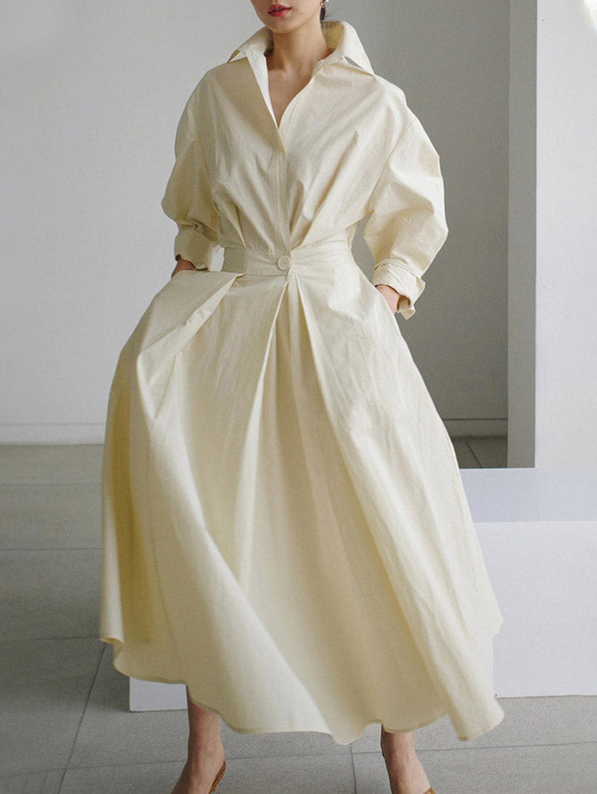 Elegant Pocket Button Lapel Collar Fold Solid Midi Dress-thevervian