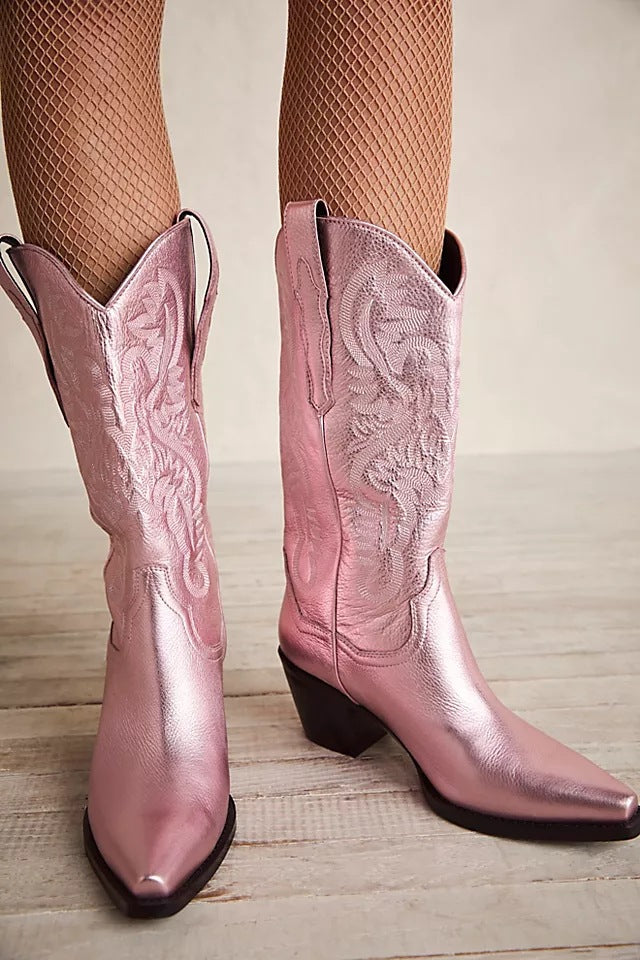 Embroidered Pointed Toe Thick Heel Western Boots-thevervian