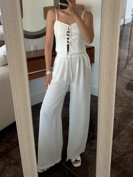 Linen Blend Tie Front Camisole Two-Piece Set-thevervian