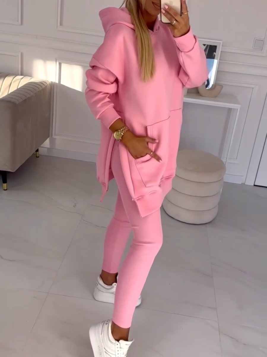 Fashion Solid Color Hoodie and Lined Leggings Two-piece Set-thevervian