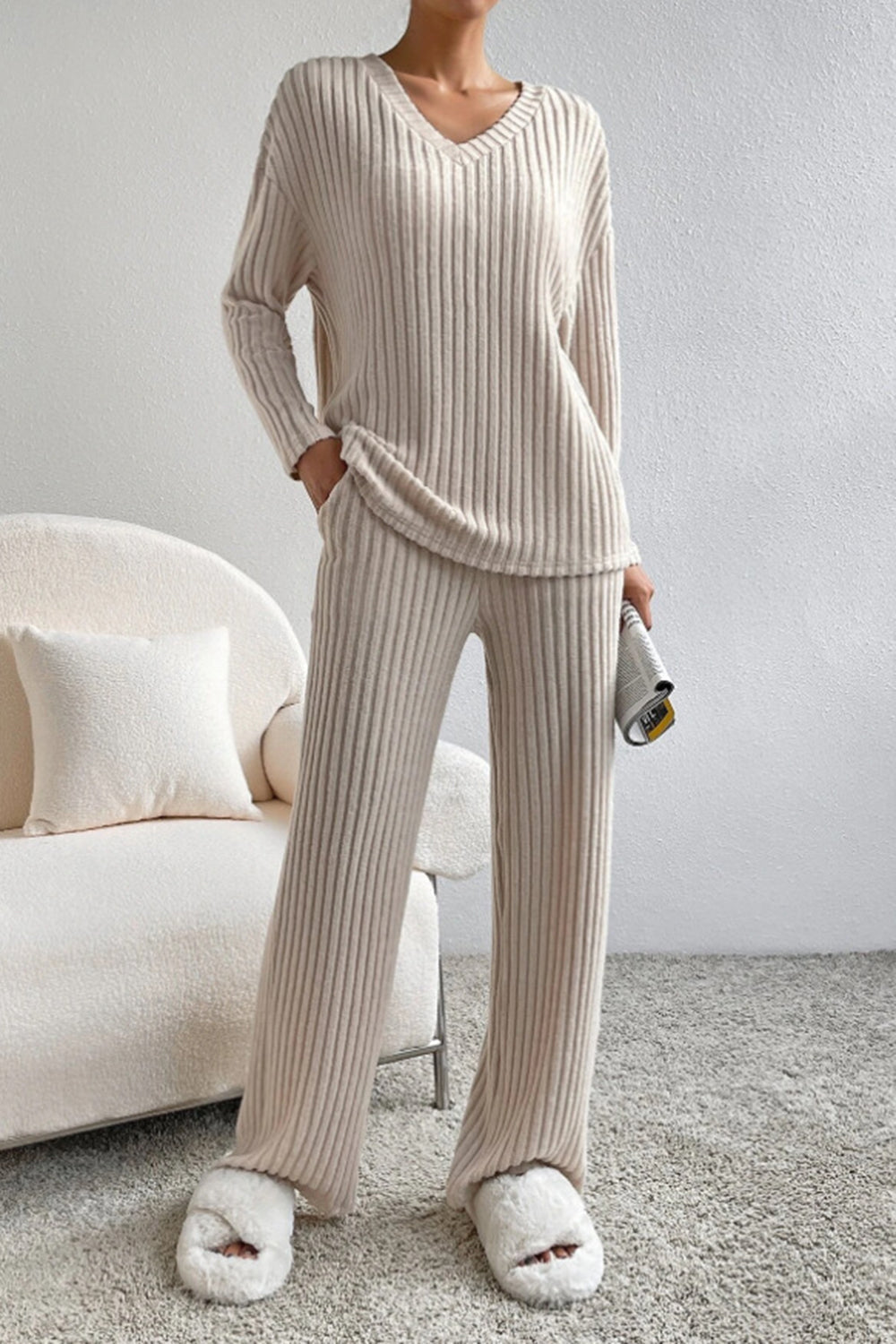 Ribbed V-Neck Top and Pants Set-thevervian