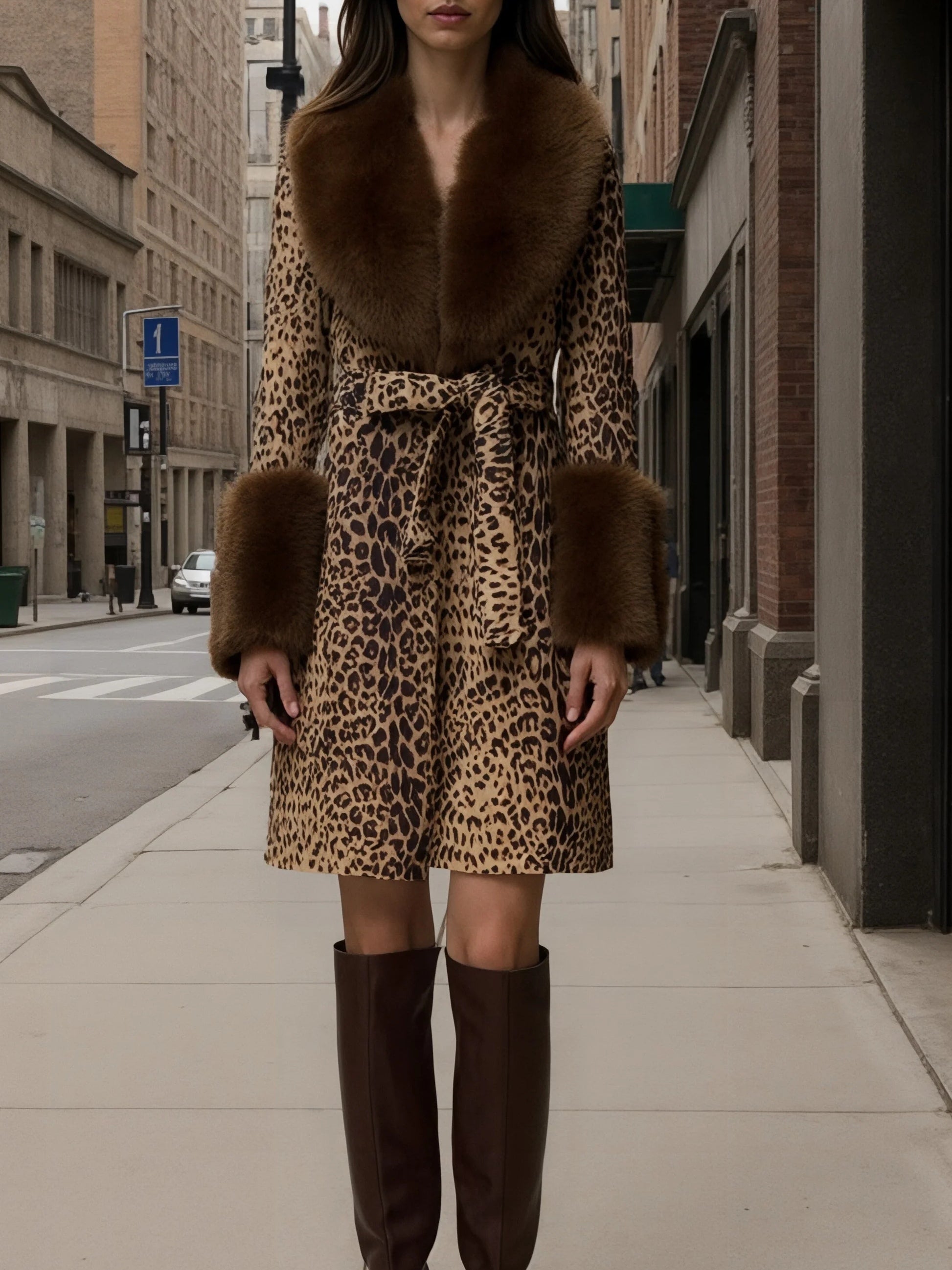 Leopard print patchwork plush coat-thevervian