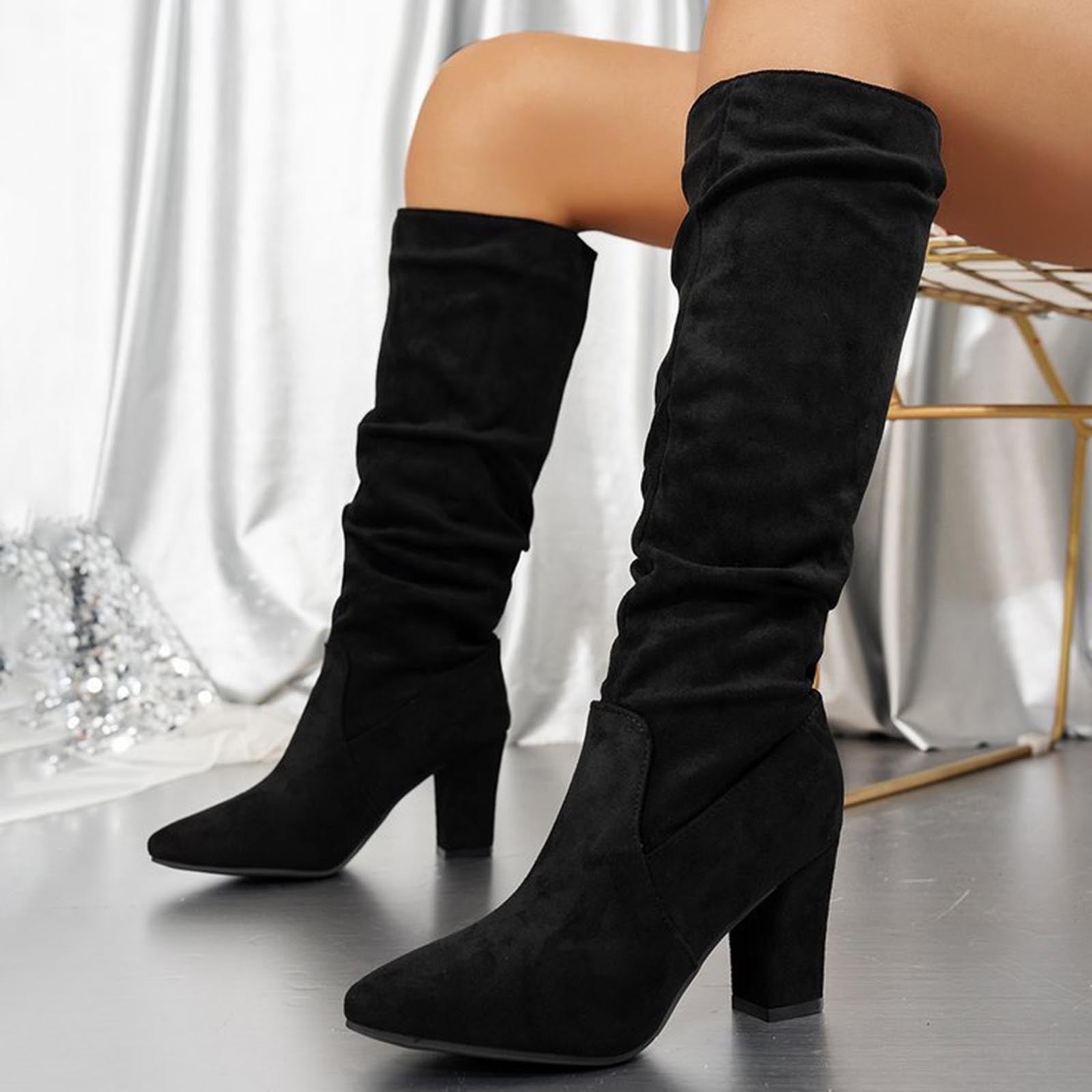 Faux Suede Mid-calf Chunky Heel Boots-thevervian