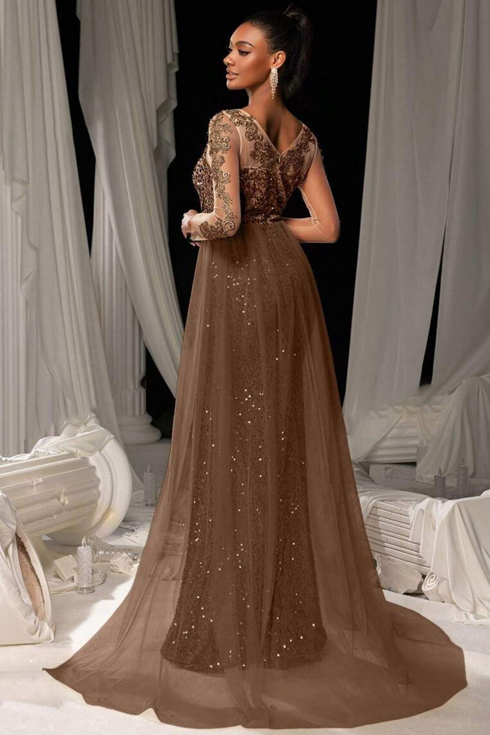 Evening Gown Dark Brown Sequined Lace Tulle Overskirt Mermaid Maxi Dress-thevervian