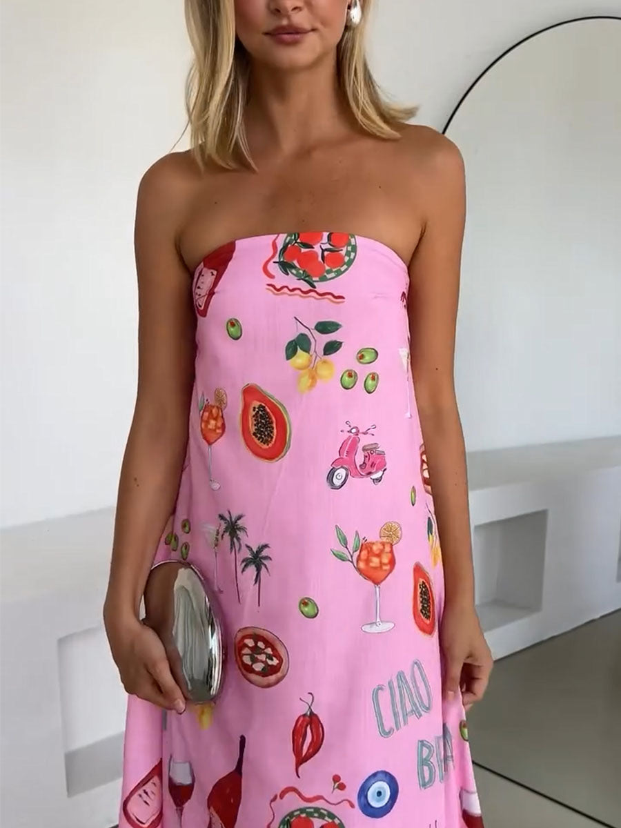 Pink tube top vacation print dress-thevervian
