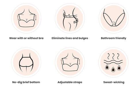 Shapewear features: bra optional, sweat-wicking, no-dig, adjustable.