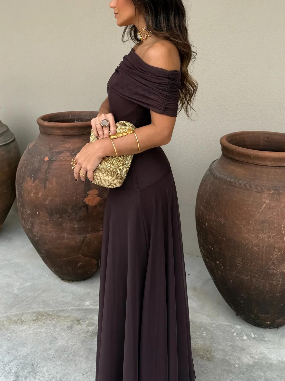 Brown One Shoulder Mesh Maxi Dress-thevervian