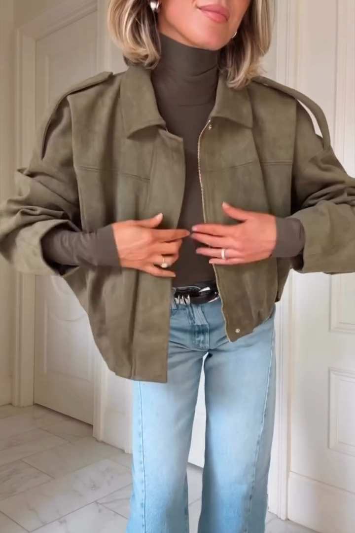 Womens Suede Lapel Pilot Cropped Jacket-thevervian