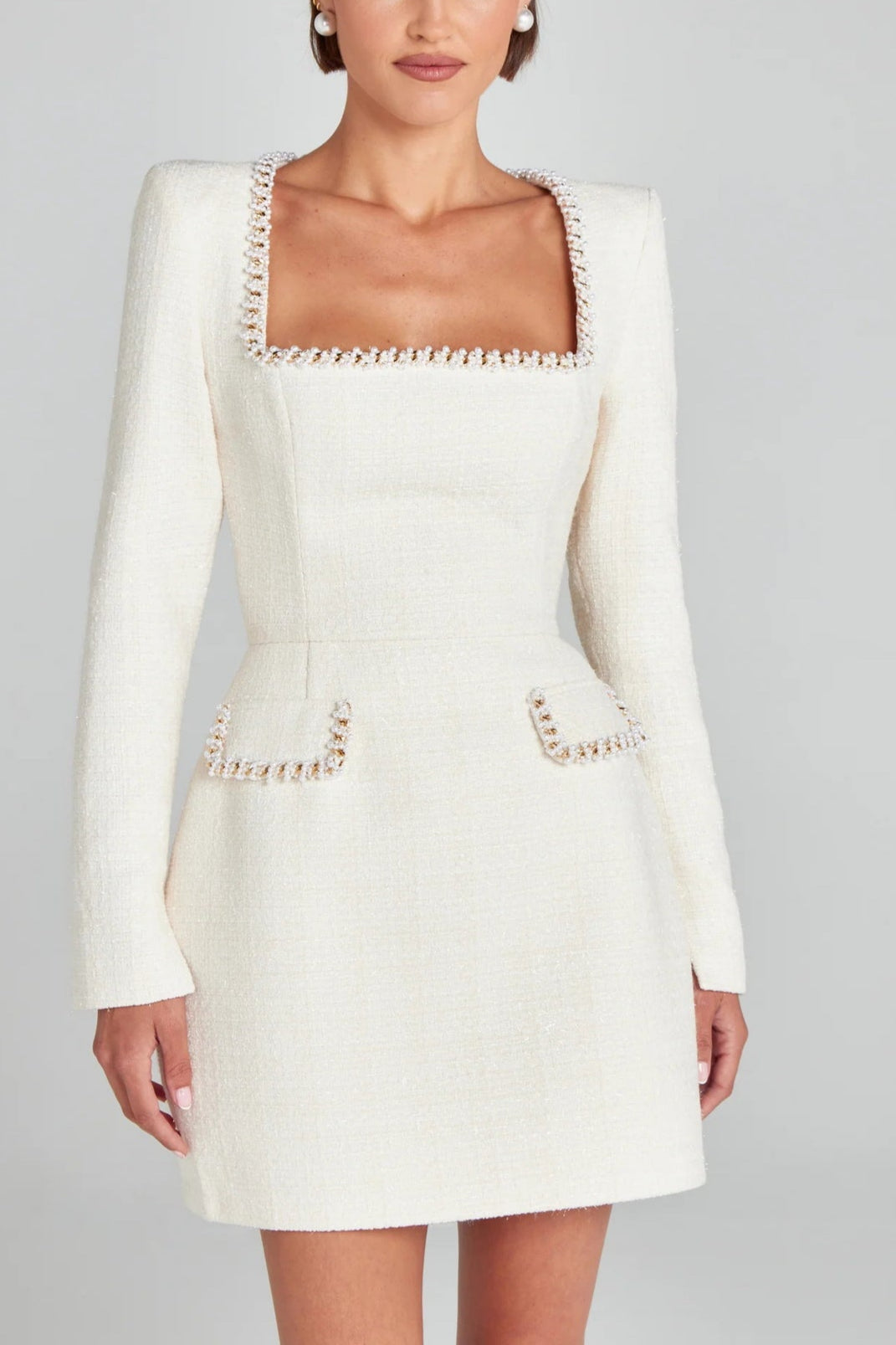 Exquisite And Playful Pearl Trim Pocket Mini Dress-thevervian