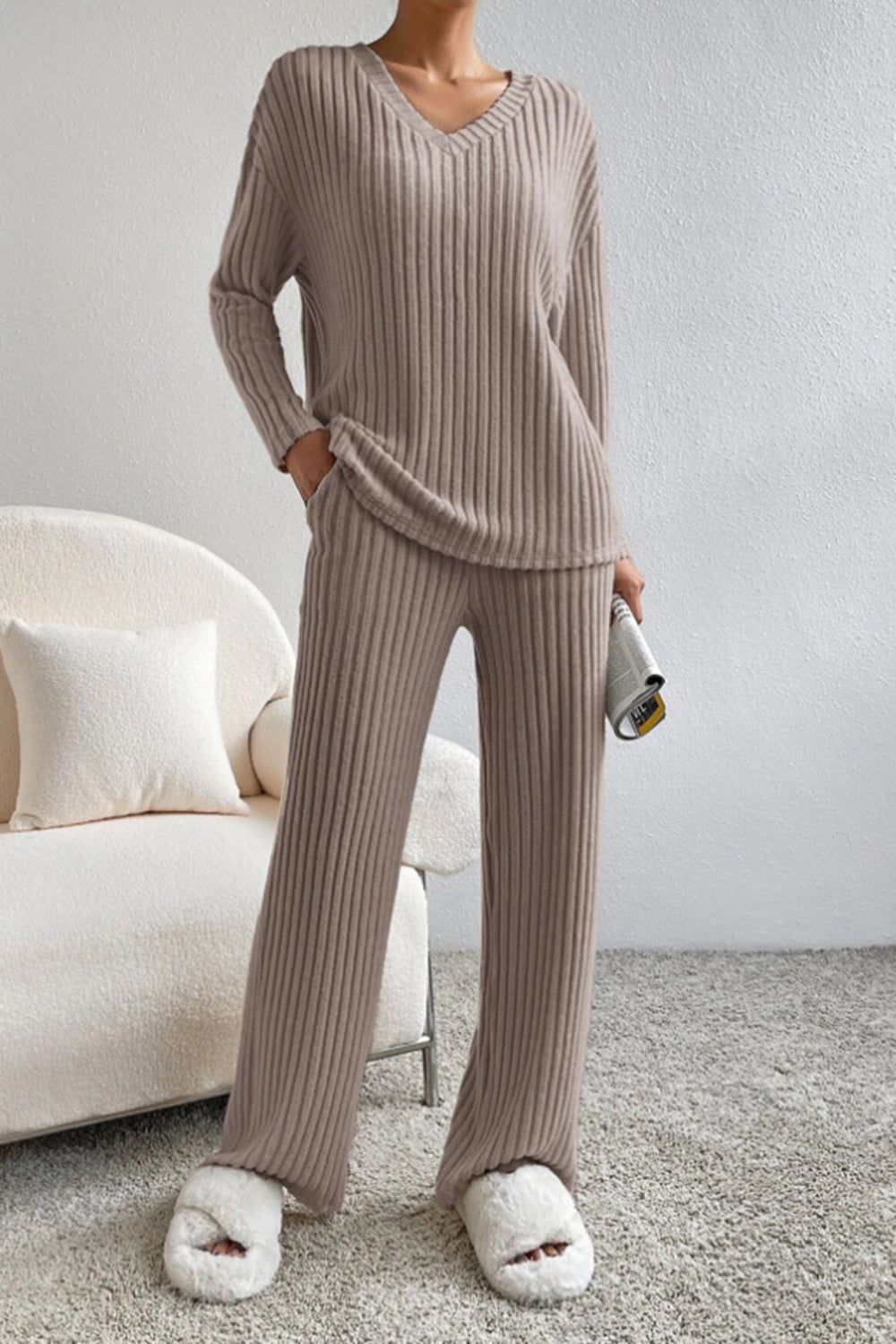 Ribbed V-Neck Top and Pants Set-thevervian