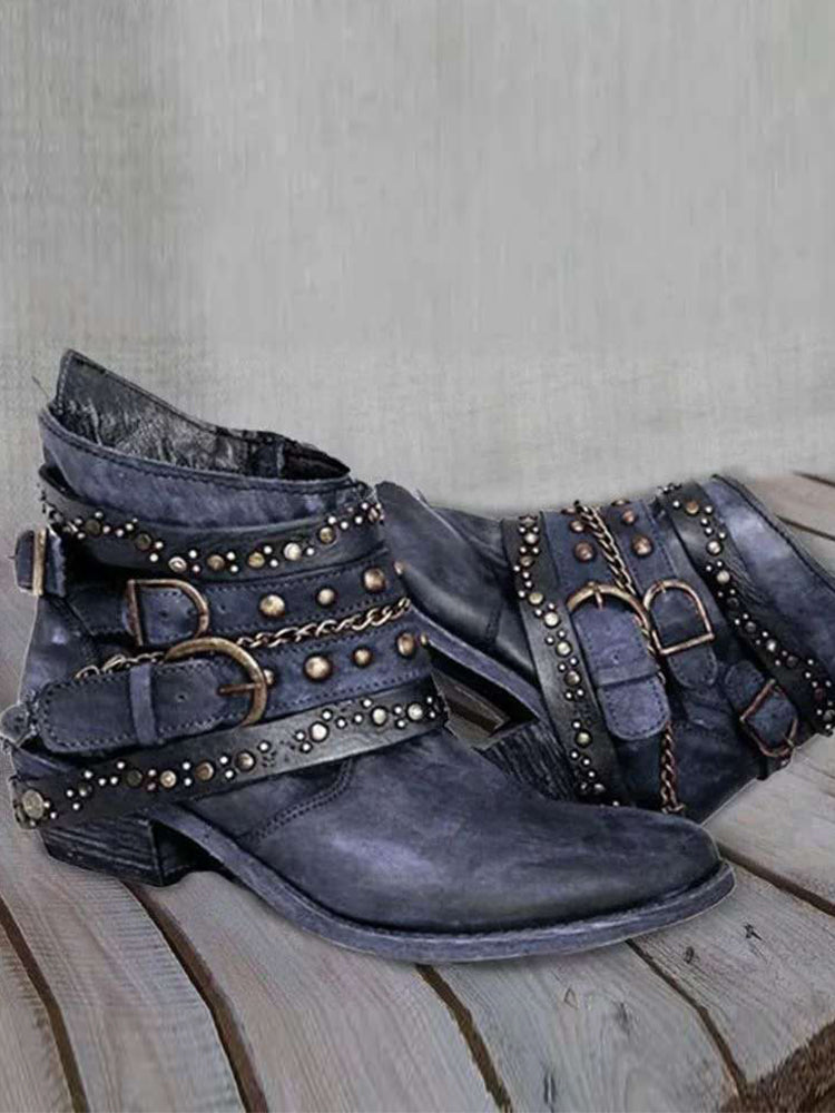 Vintage Washed Studded Buckles Ankle Boots-thevervian