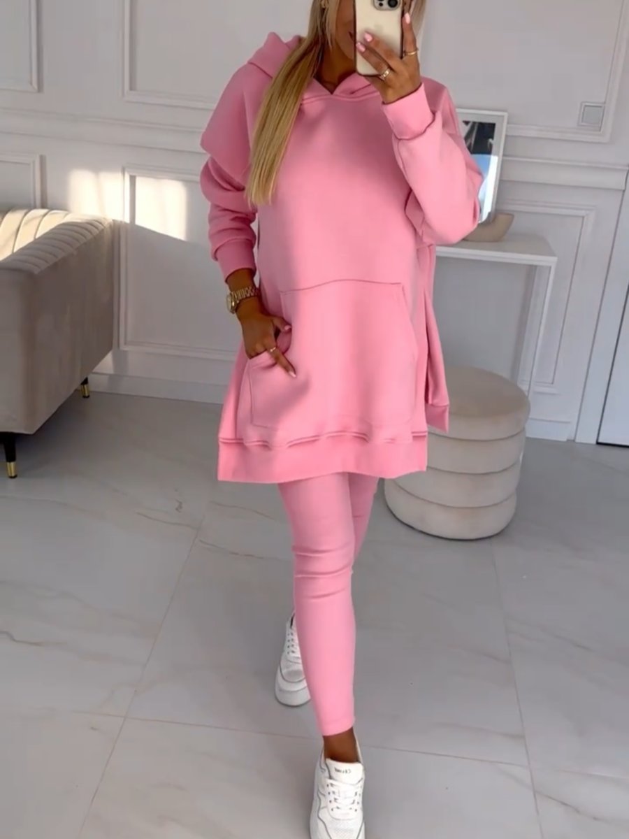 Fashion Solid Color Hoodie and Lined Leggings Two-piece Set-thevervian
