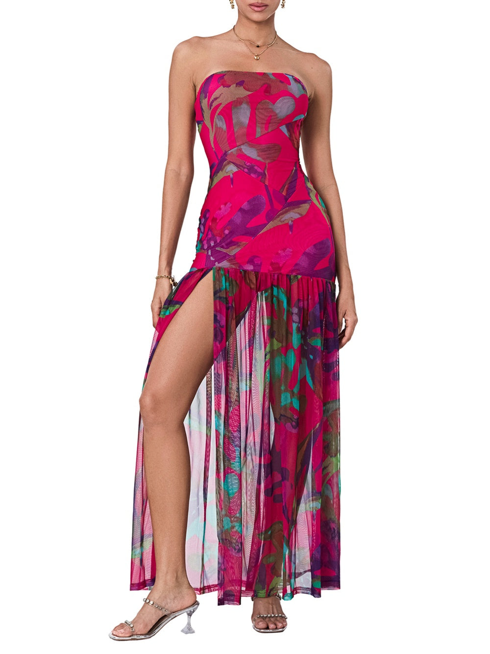 Printed Strapless Slit Maxi Dress-thevervian