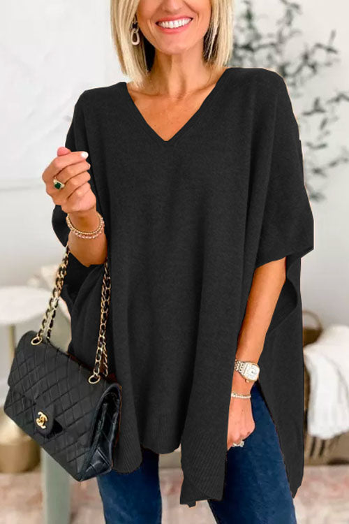 Chicest V Neck Loose Fit Solid Poncho Sweater-thevervian