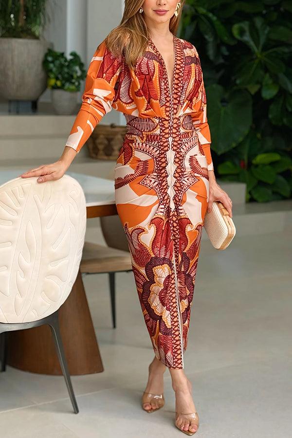 Unique Print Dolman Long Sleeve Ruched Slit Midi Dress-thevervian