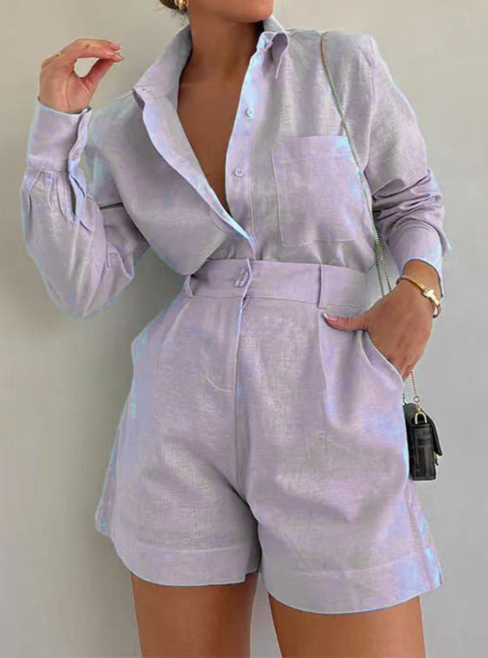 Cotton and Linen Long Sleeve Loose Shorts Set-thevervian