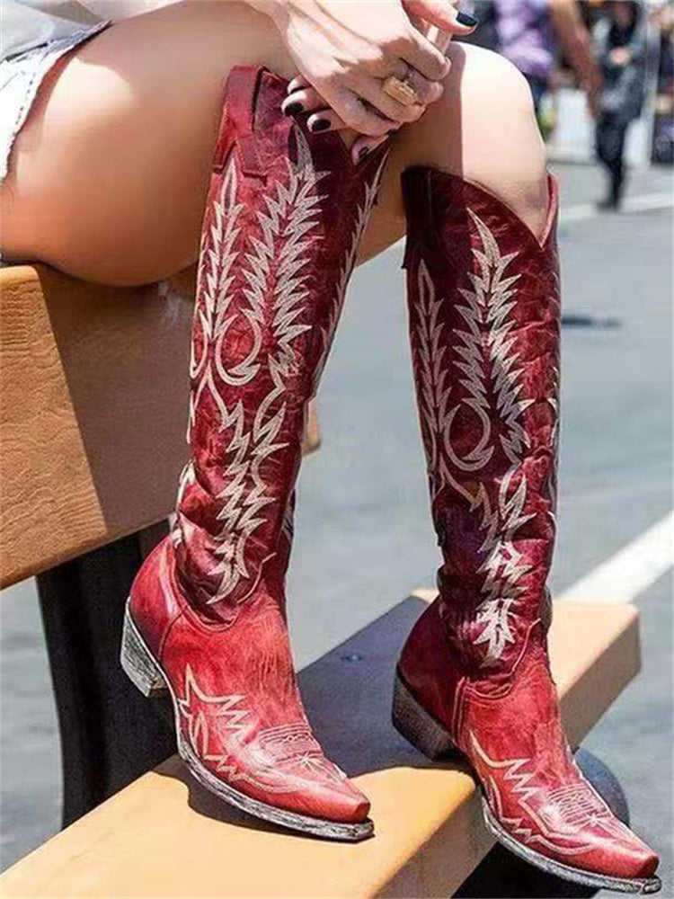 Vintage Western Cowboy Embroidered Knee-High Boots-thevervian