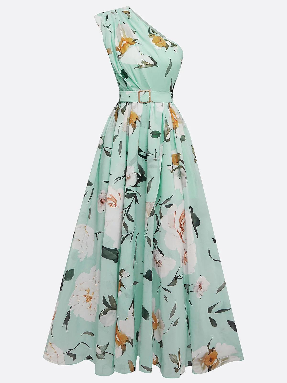 Light Green Floral Ruched One Shoulder A-Line Maxi Chiffon Dress-thevervian