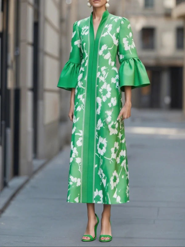 Bell Sleeve Loose Floral Print Side Slit Maxi Dress-thevervian