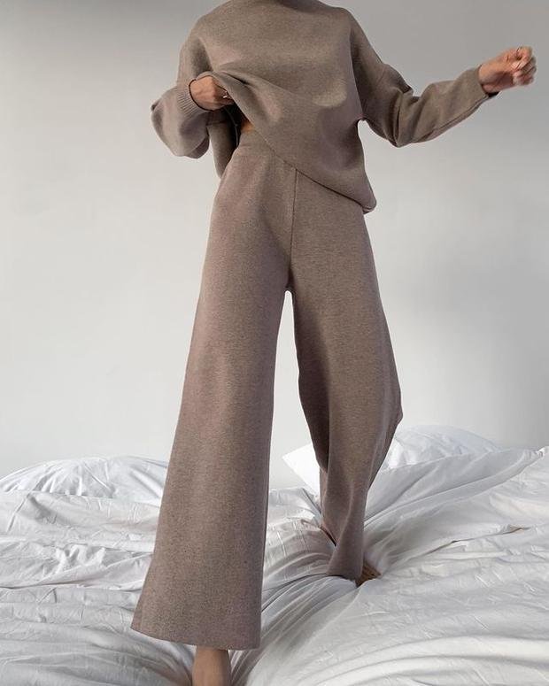 Knitted solid color loose casual suit-thevervian