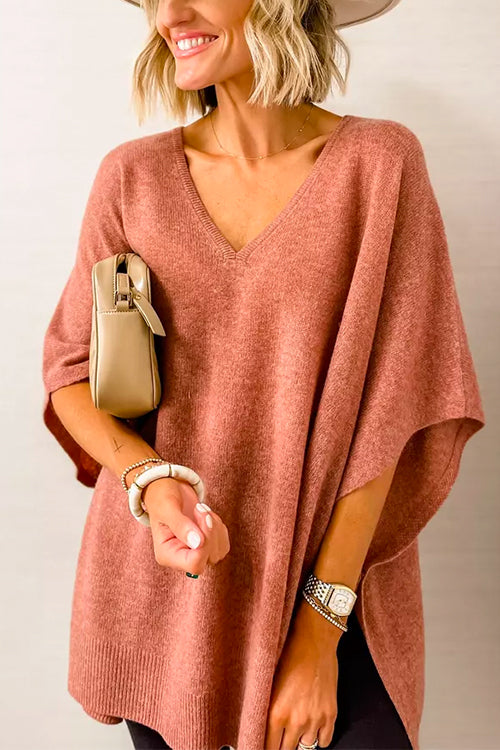 Chicest V Neck Loose Fit Solid Poncho Sweater-thevervian