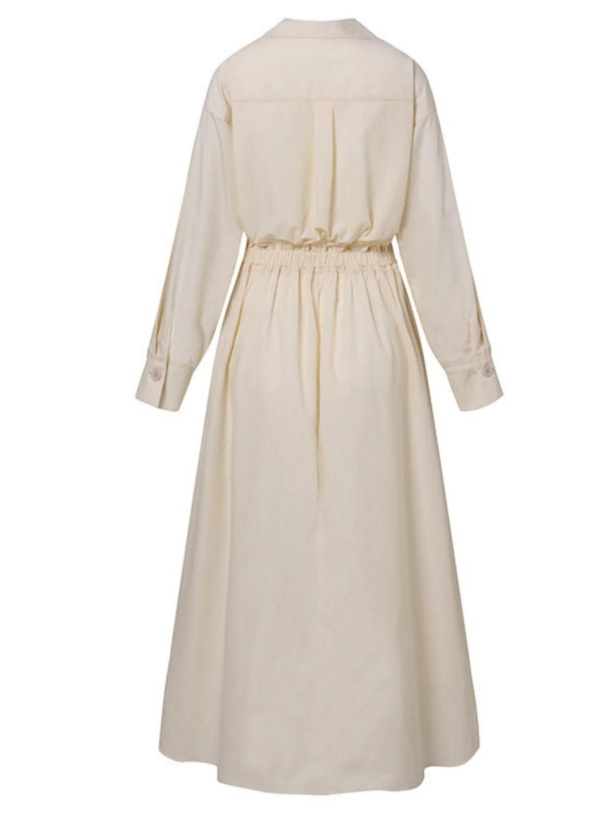 Elegant Pocket Button Lapel Collar Fold Solid Midi Dress-thevervian