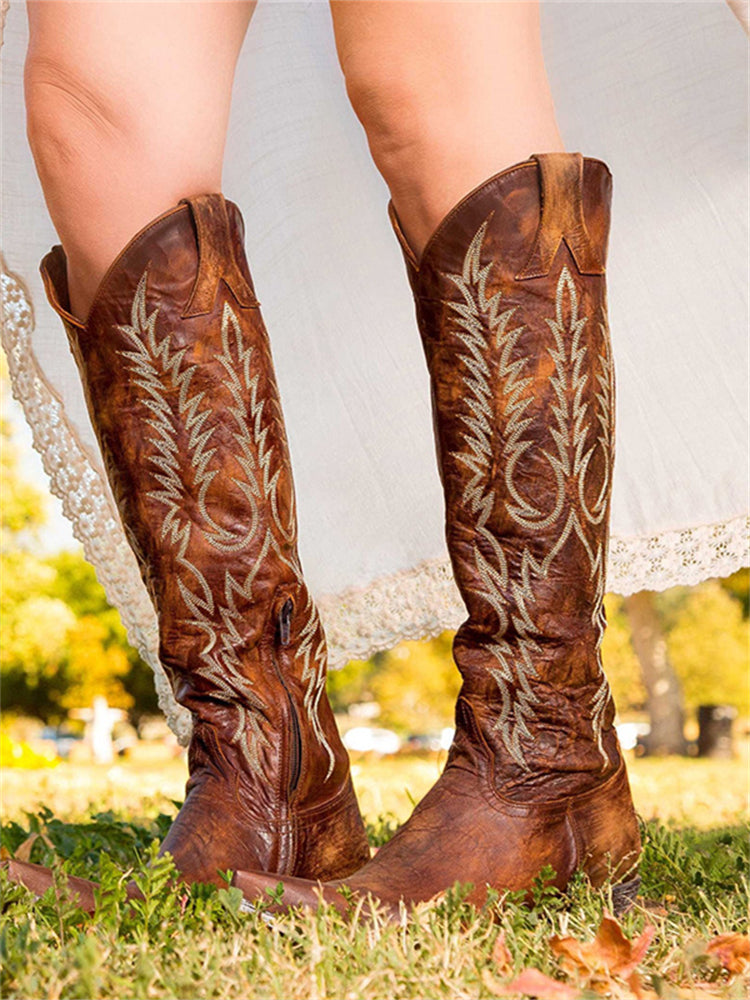 Vintage Western Cowboy Embroidered Knee-High Boots-thevervian