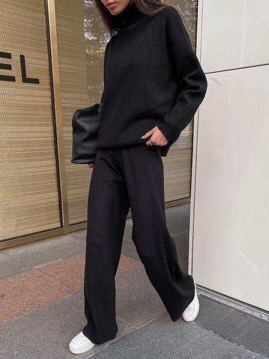 Knitted solid color loose casual suit-thevervian