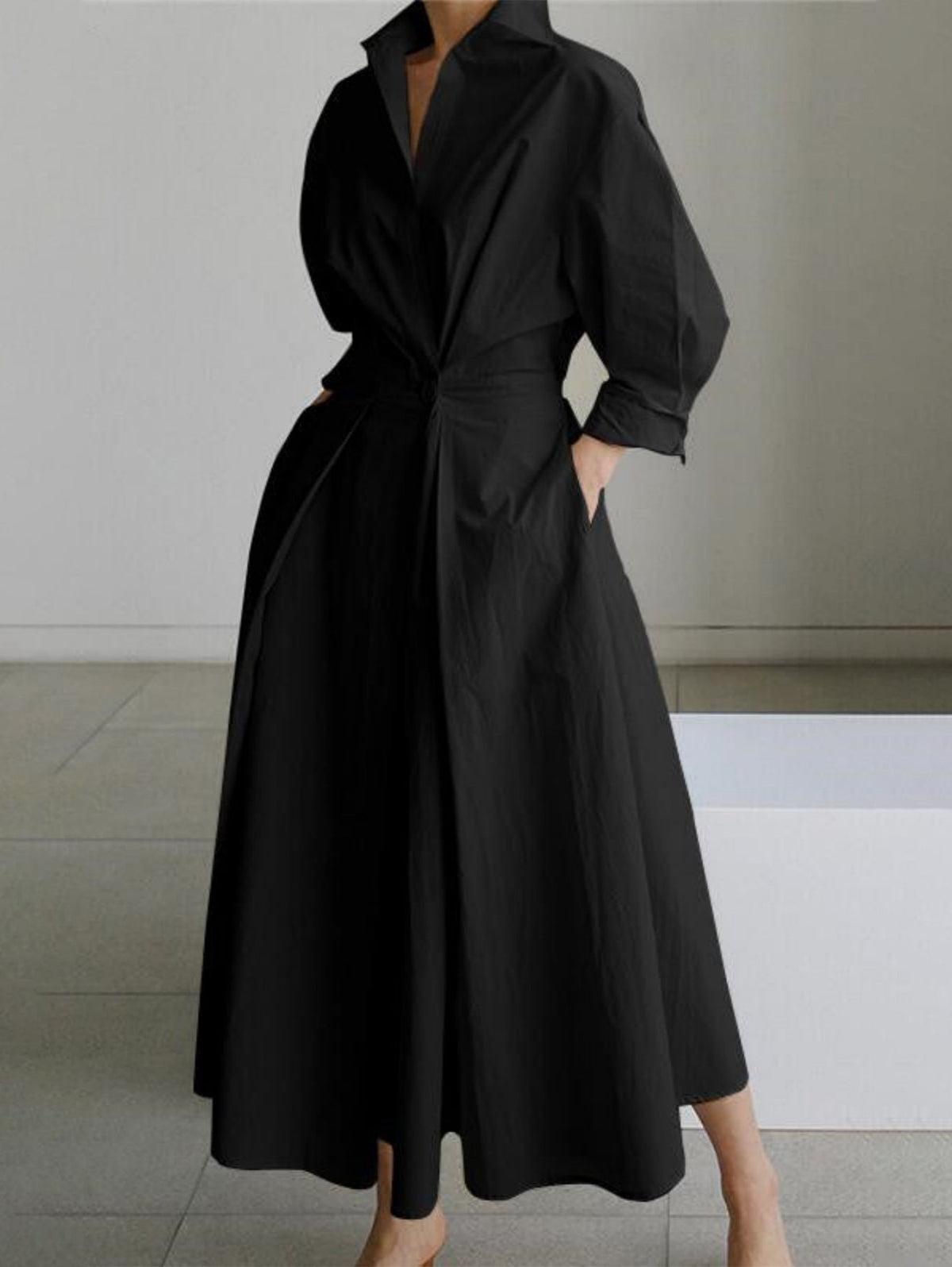Elegant Pocket Button Lapel Collar Fold Solid Midi Dress-thevervian