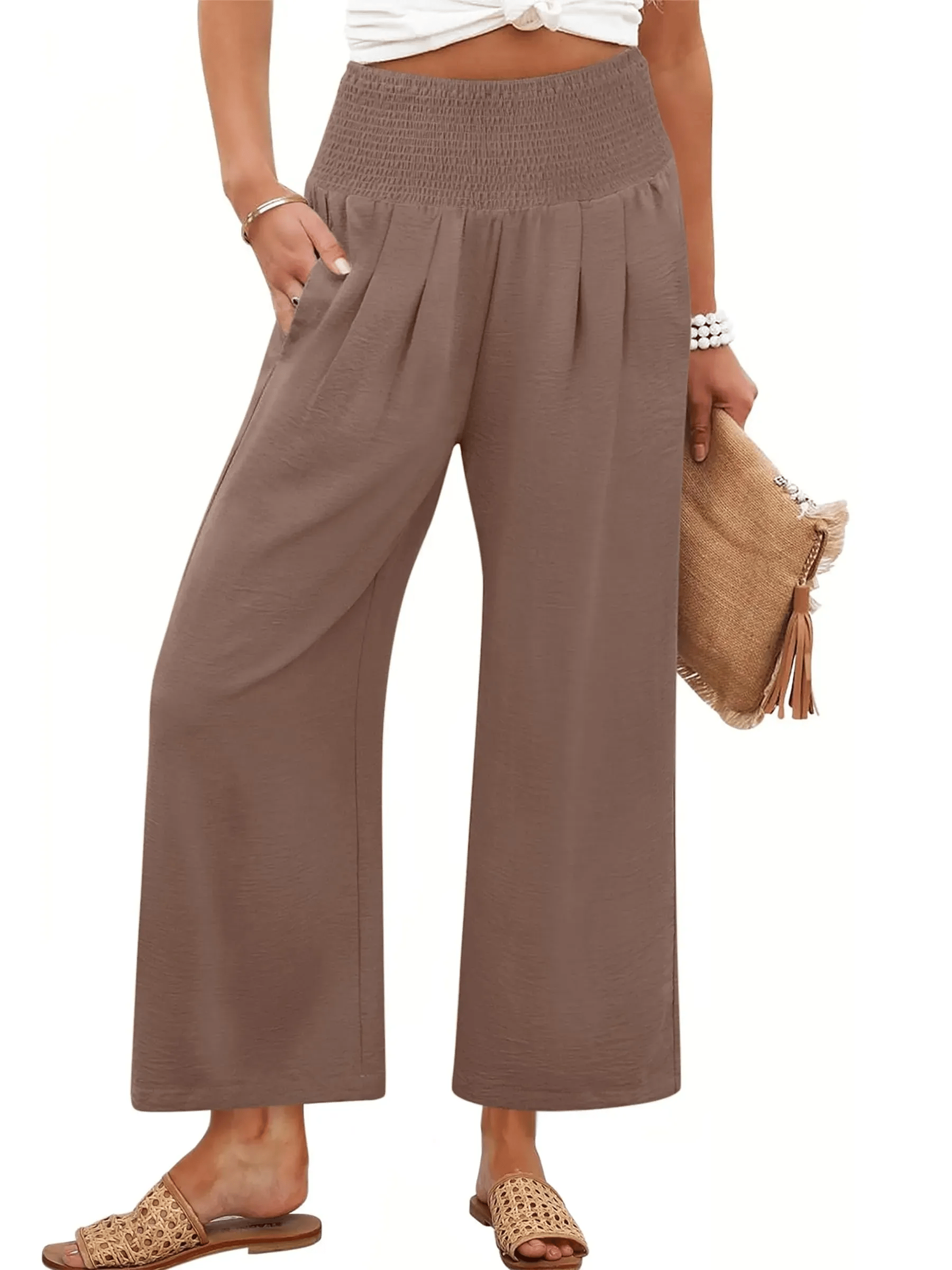 Women's Smocked Waist Wide Leg Palazzo Pants-thevervian