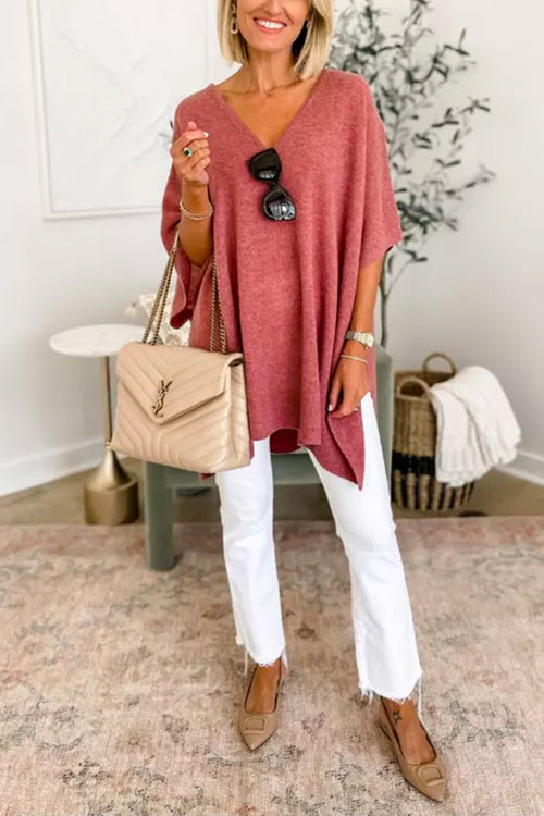 Chicest V Neck Loose Fit Solid Poncho Sweater-thevervian