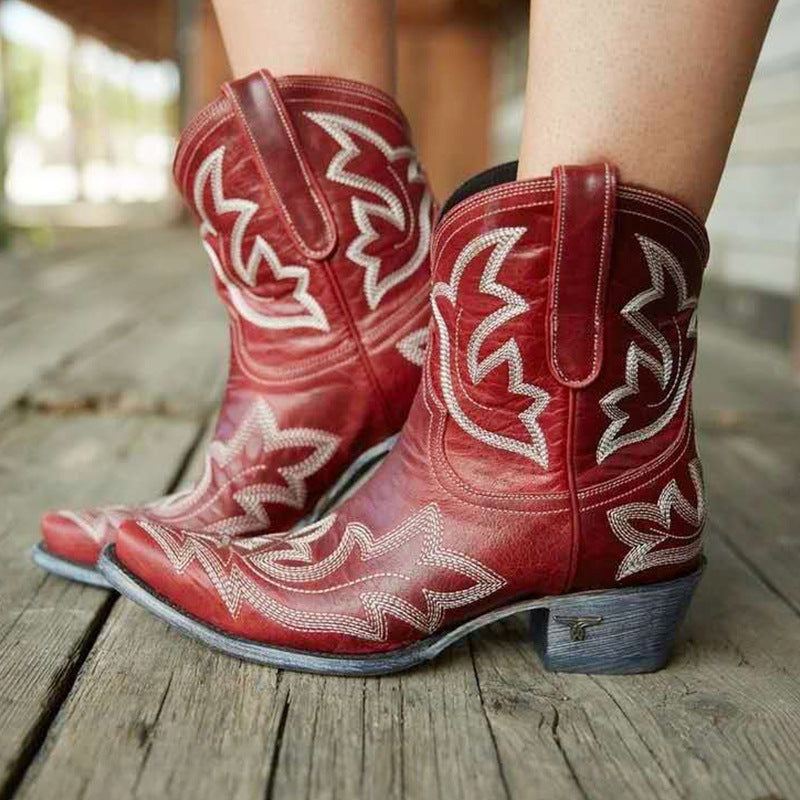 Vintage Embroidered Block Heel Short Western Boots-thevervian