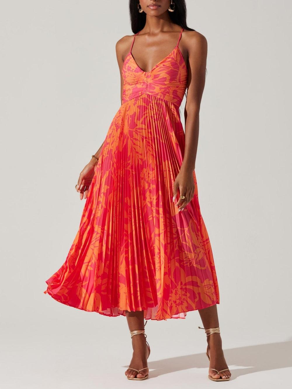 Elegant Floral Print Pleats Midi Dress-thevervian