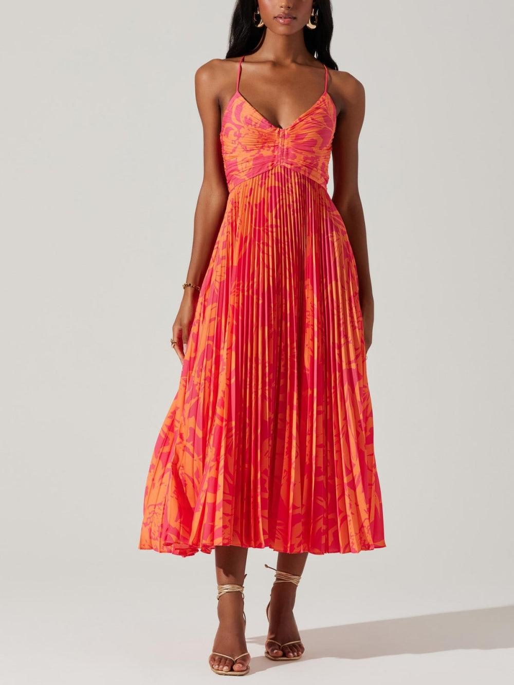 Elegant Floral Print Pleats Midi Dress-thevervian