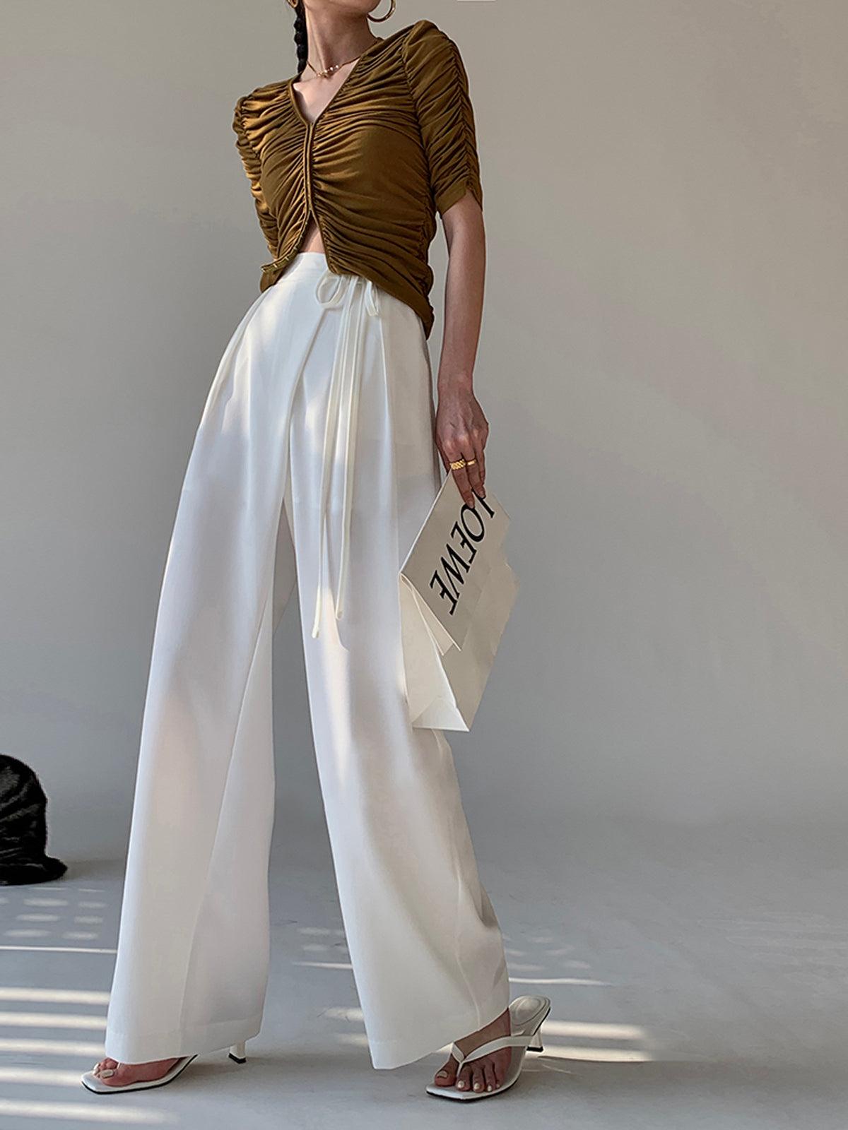 Tie Waist Flowy Wide Leg Pants-thevervian
