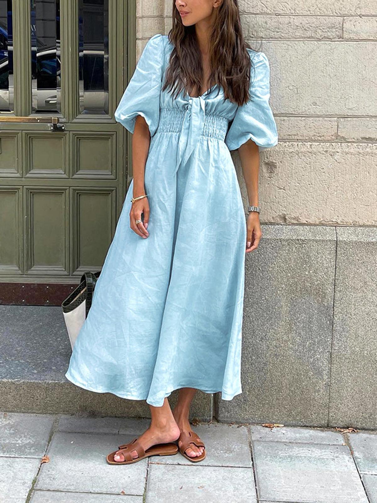 Linen Cotton Front Tie Midi Dress-thevervian