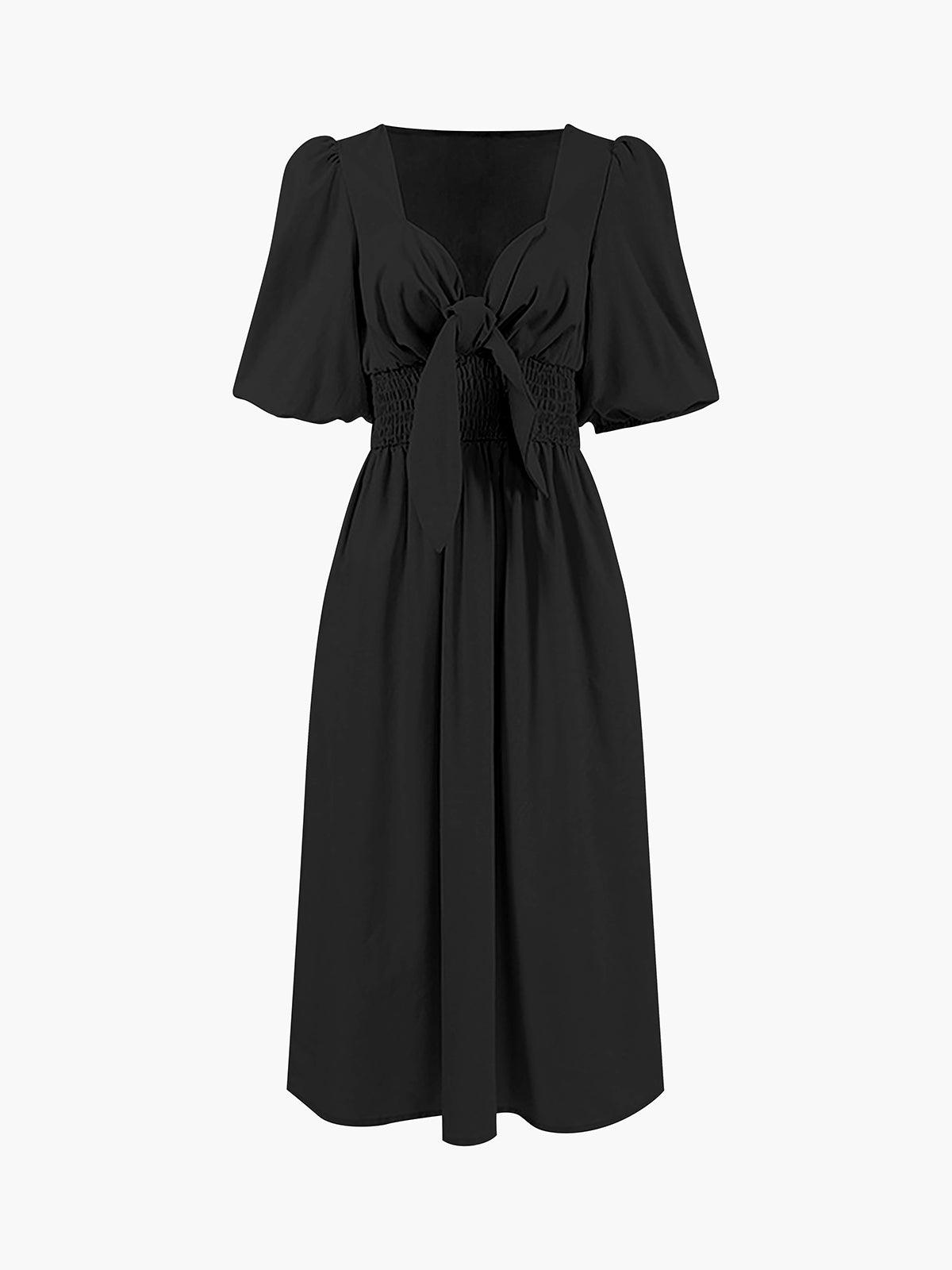 Linen Cotton Front Tie Midi Dress-thevervian