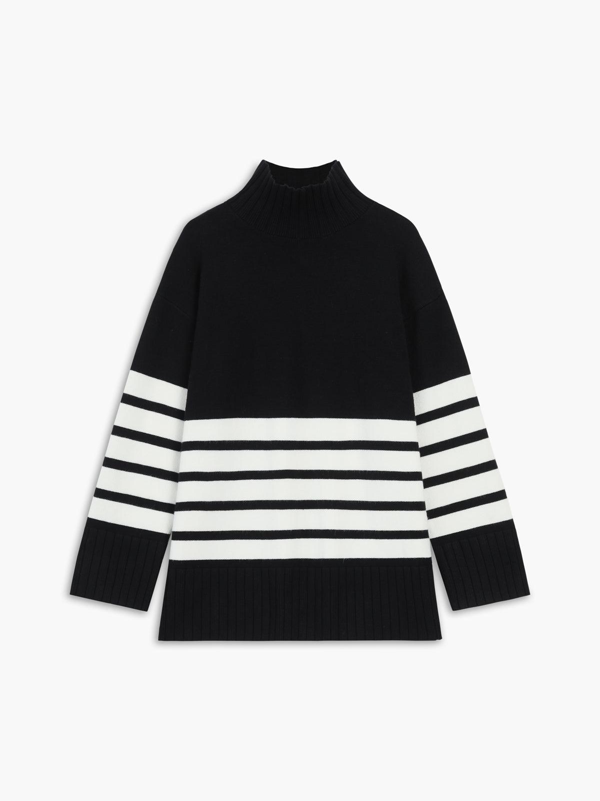 Miss Paris Mock Neck Stripe Sweater-thevervian
