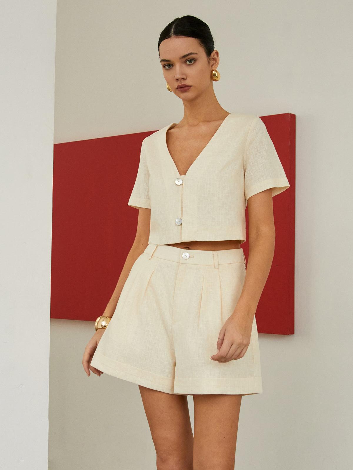 Cotton & Linen Pockets Shorts Set-thevervian
