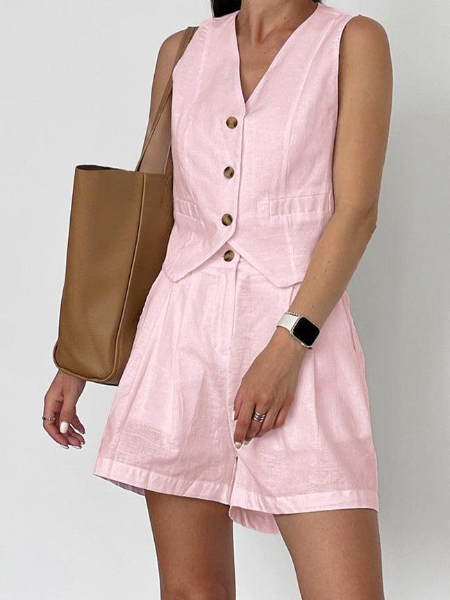 Cotton & Linen Casual Tailored Shorts Set-thevervian