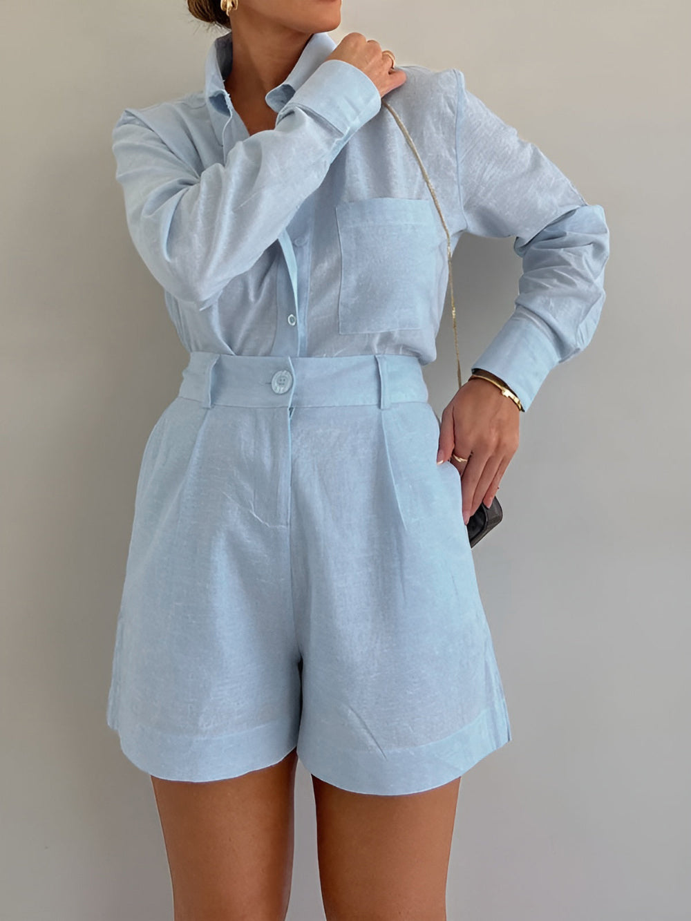 Cotton and Linen Long Sleeve Loose Shorts Set-thevervian