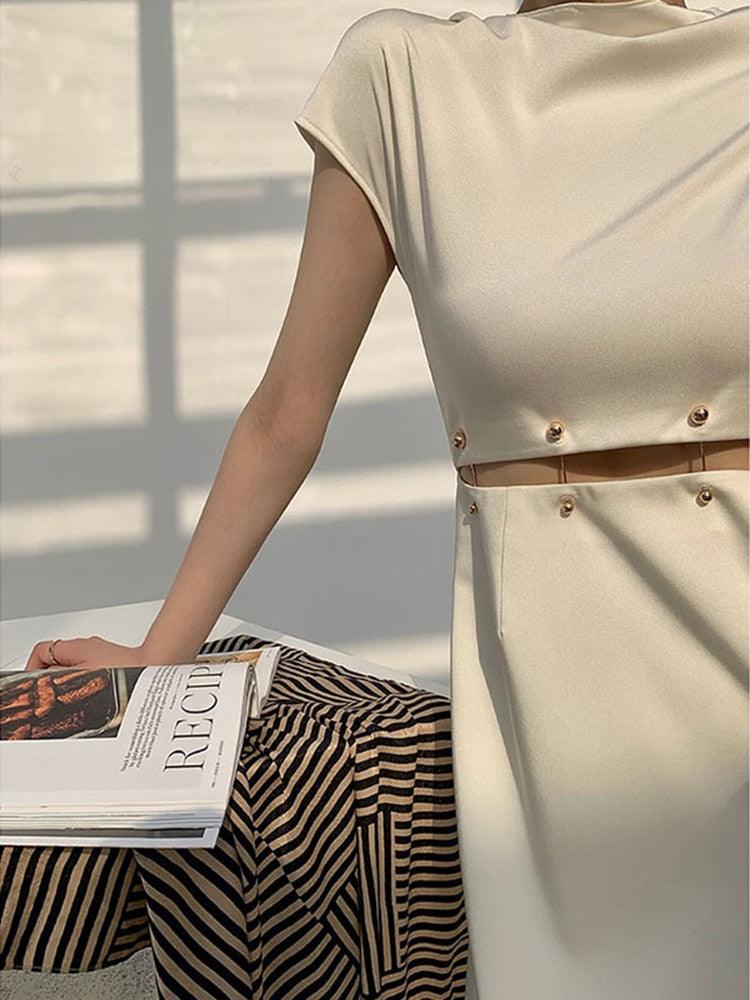 Cap Sleeve Cutout Midi Dress-thevervian