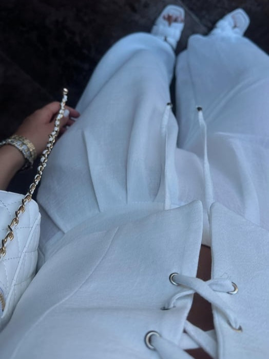 Linen Blend Tie Front Camisole Two-Piece Set-thevervian